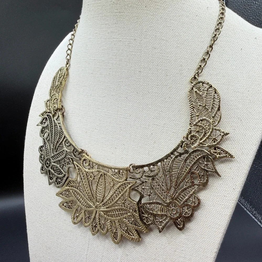 Antique Gold Tone Filigree Floral Bib Necklace Boho Statement Festival Jewelry